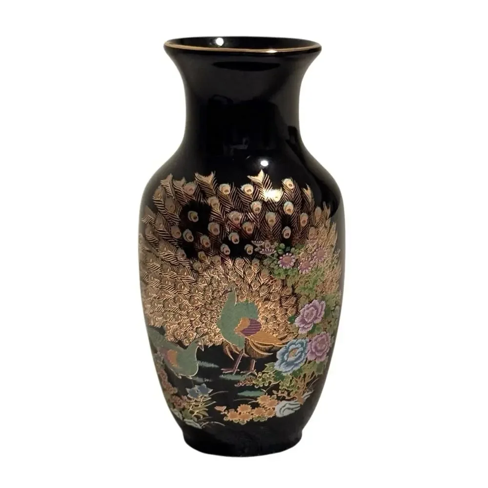 Vintage Japanese Porcelain Peacock Vase Gold Floral Black Hand Painted Japan 5” - Picture 7 of 7